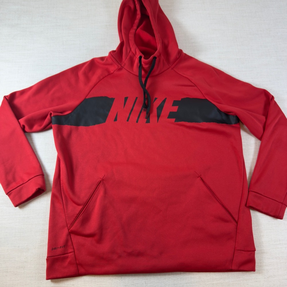 Nike Dri-FIT Mens Hoodie Red Black Graphic Logo Pullover Sweatshirt L